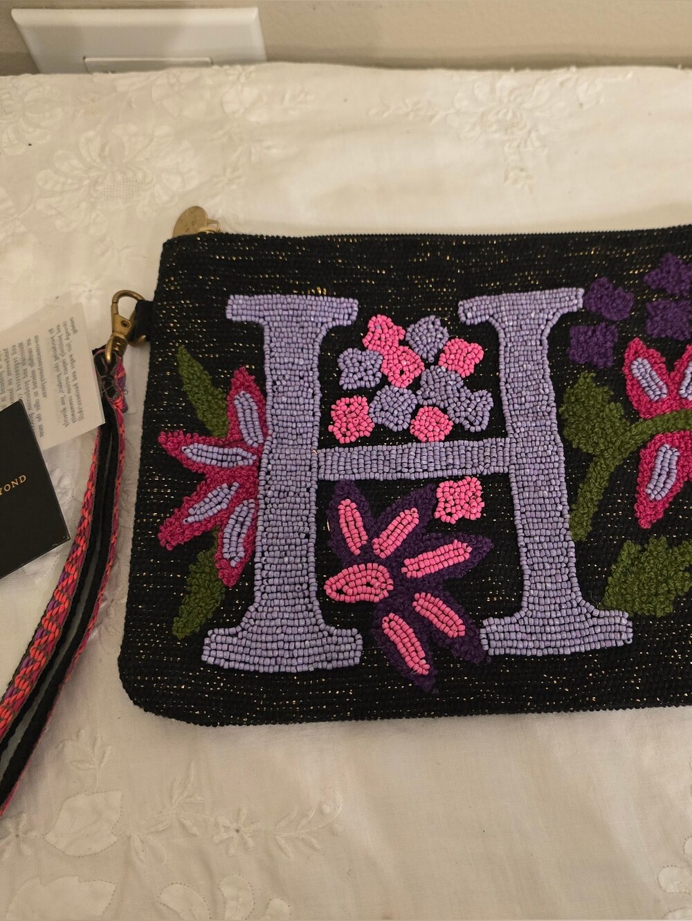 Beaded Floral Initial H Wristlet Clutch in Black & Lavender By America & Beyond